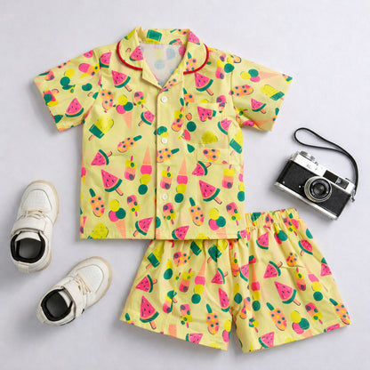 The Magic Wand Cotton Woven Half Sleeves Sweet Treats Theme Shirt And Shorts Nightsuit Set - Yellow