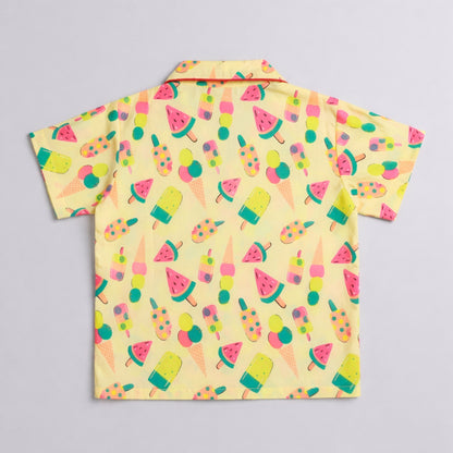 The Magic Wand Cotton Woven Half Sleeves Sweet Treats Theme Shirt And Shorts Nightsuit Set - Yellow