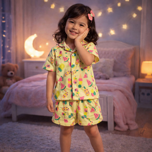 The Magic Wand Cotton Woven Half Sleeves Sweet Treats Theme Shirt And Shorts Nightsuit Set - Yellow
