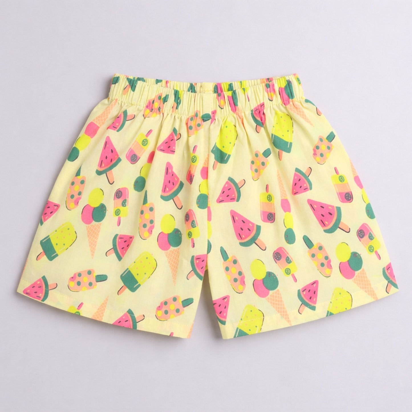 The Magic Wand Cotton Woven Half Sleeves Sweet Treats Theme Shirt And Shorts Nightsuit Set - Yellow