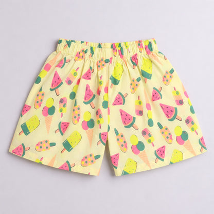 The Magic Wand Cotton Woven Half Sleeves Sweet Treats Theme Shirt And Shorts Nightsuit Set - Yellow