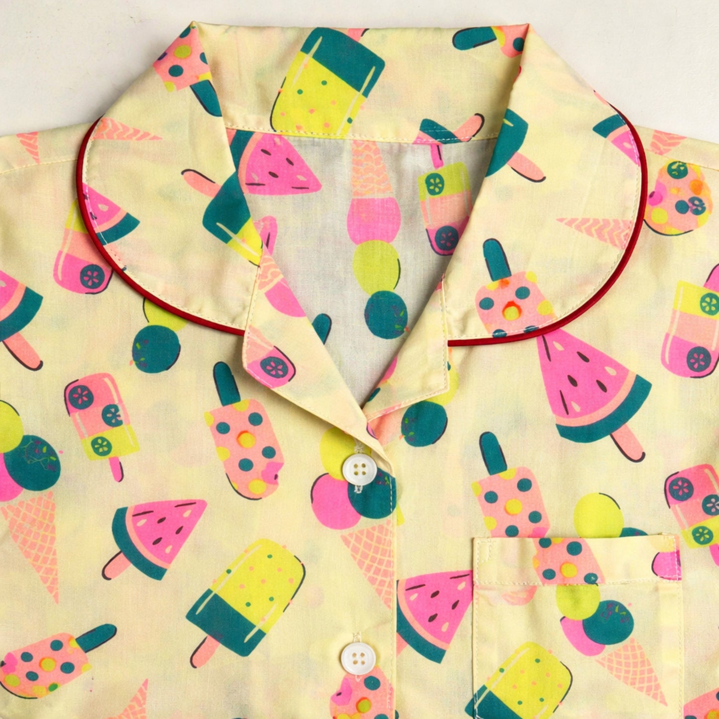 The Magic Wand Cotton Woven Half Sleeves Sweet Treats Theme Shirt And Shorts Nightsuit Set - Yellow