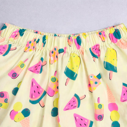 The Magic Wand Cotton Woven Half Sleeves Sweet Treats Theme Shirt And Shorts Nightsuit Set - Yellow