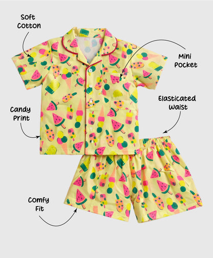The Magic Wand Cotton Woven Half Sleeves Sweet Treats Theme Shirt And Shorts Nightsuit Set - Yellow