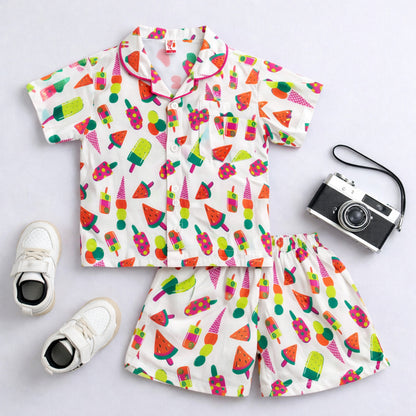 The Magic Wand Cotton Woven Half Sleeves Sweet Treats Theme Shirt And Shorts Nightsuit Set - White