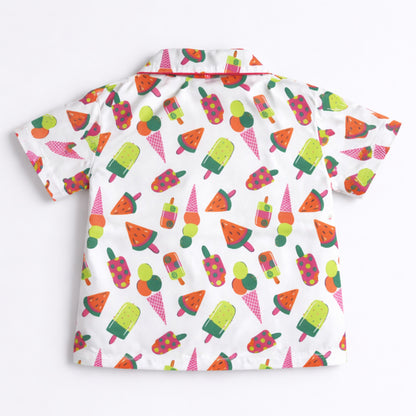 The Magic Wand Cotton Woven Half Sleeves Sweet Treats Theme Shirt And Shorts Nightsuit Set - White