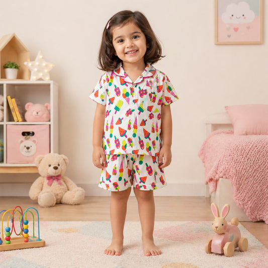 The Magic Wand Cotton Woven Half Sleeves Sweet Treats Theme Shirt And Shorts Nightsuit Set - White