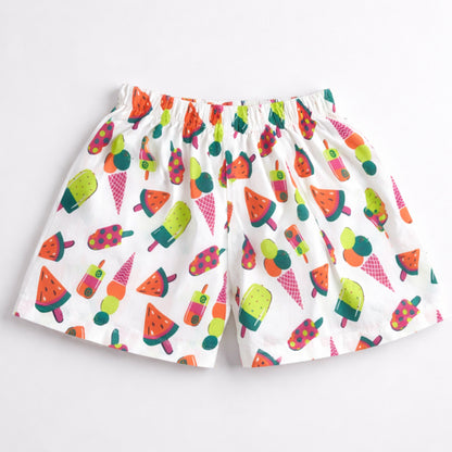 The Magic Wand Cotton Woven Half Sleeves Sweet Treats Theme Shirt And Shorts Nightsuit Set - White