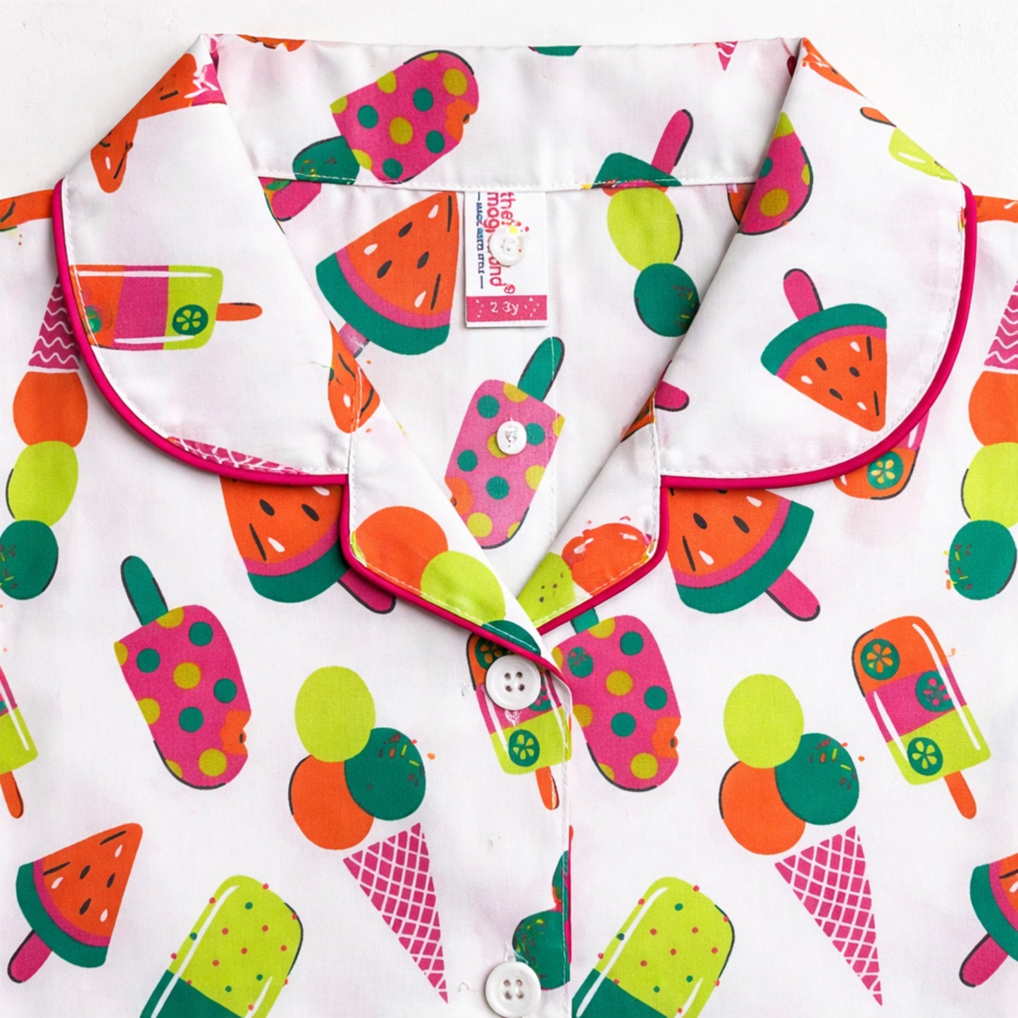 The Magic Wand Cotton Woven Half Sleeves Sweet Treats Theme Shirt And Shorts Nightsuit Set - White