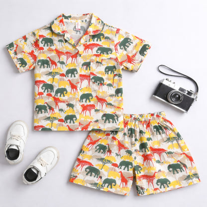 The Magic Wand Cotton Woven Half Sleeves Jungle Theme Shirt And Shorts Nightsuit Set - White