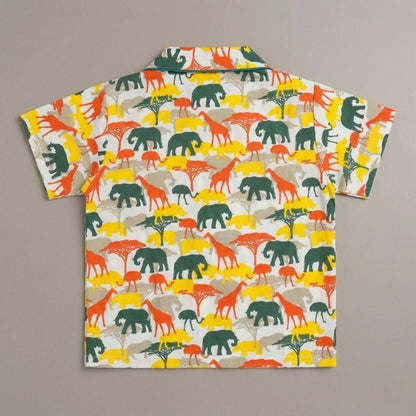The Magic Wand Cotton Woven Half Sleeves Jungle Theme Shirt And Shorts Nightsuit Set - White