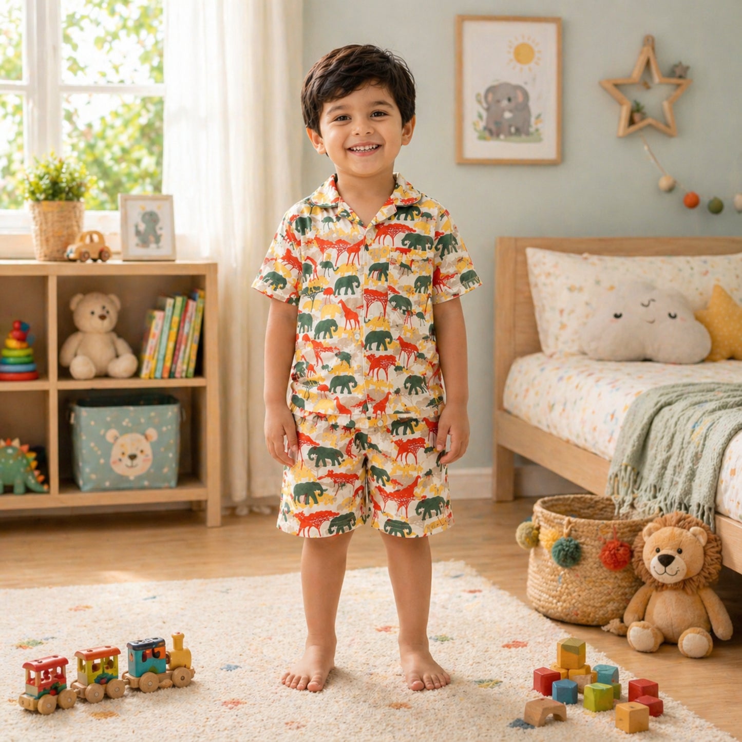 The Magic Wand Cotton Woven Half Sleeves Jungle Theme Shirt And Shorts Nightsuit Set - White