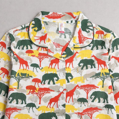 The Magic Wand Cotton Woven Half Sleeves Jungle Theme Shirt And Shorts Nightsuit Set - White