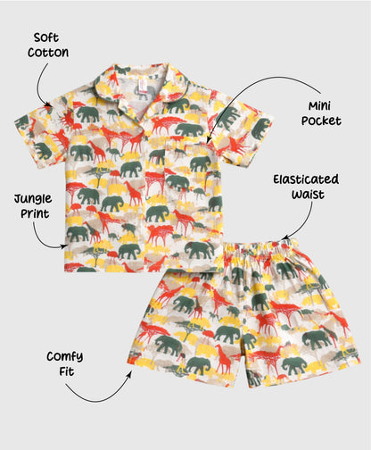 The Magic Wand Cotton Woven Half Sleeves Jungle Theme Shirt And Shorts Nightsuit Set - White