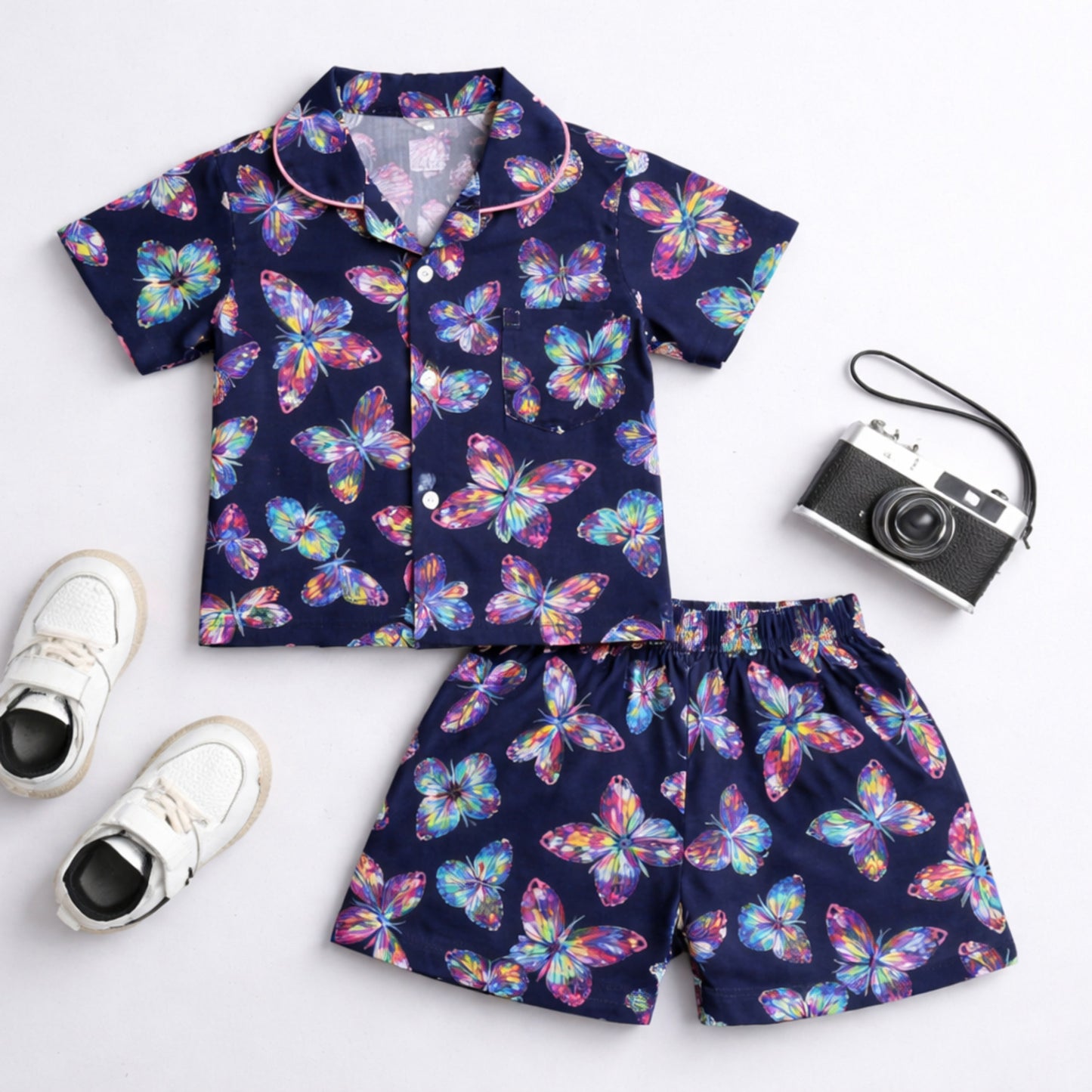 The Magic Wand Cotton Woven Half Sleeves Beautiful Butterfly  Theme Shirt And Shorts Nightsuit Set - Navy Blue