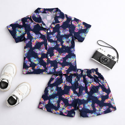 The Magic Wand Cotton Woven Half Sleeves Beautiful Butterfly  Theme Shirt And Shorts Nightsuit Set - Navy Blue