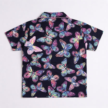 The Magic Wand Cotton Woven Half Sleeves Beautiful Butterfly  Theme Shirt And Shorts Nightsuit Set - Navy Blue