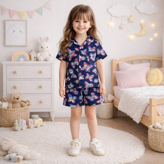 The Magic Wand Cotton Woven Half Sleeves Beautiful Butterfly  Theme Shirt And Shorts Nightsuit Set - Navy Blue