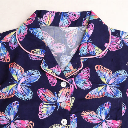 The Magic Wand Cotton Woven Half Sleeves Beautiful Butterfly  Theme Shirt And Shorts Nightsuit Set - Navy Blue