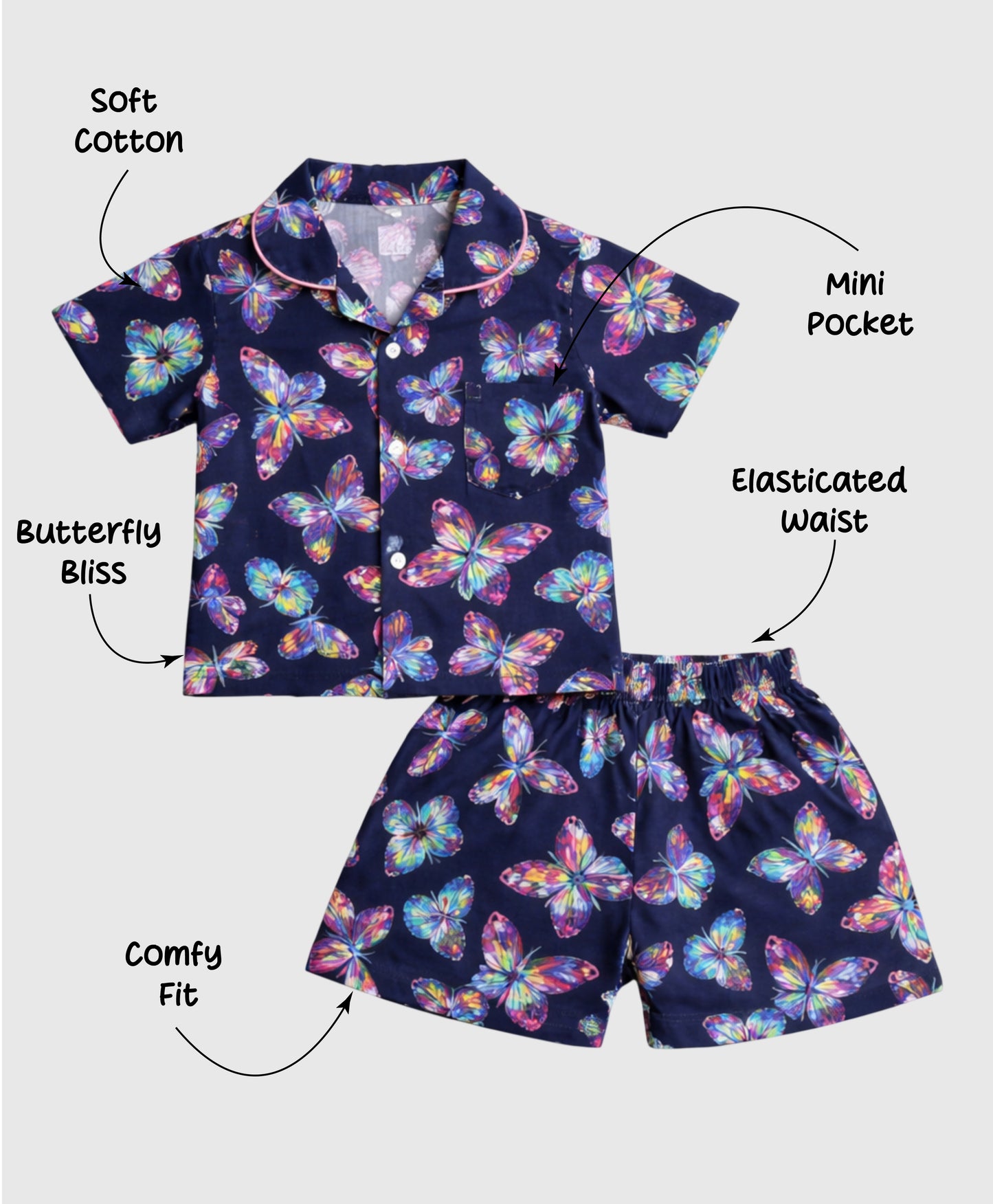 The Magic Wand Cotton Woven Half Sleeves Beautiful Butterfly  Theme Shirt And Shorts Nightsuit Set - Navy Blue