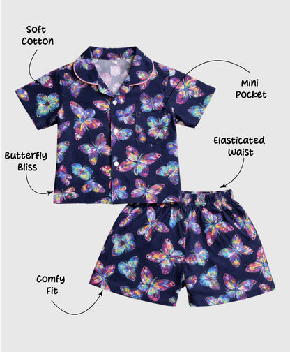 The Magic Wand Cotton Woven Half Sleeves Beautiful Butterfly  Theme Shirt And Shorts Nightsuit Set - Navy Blue