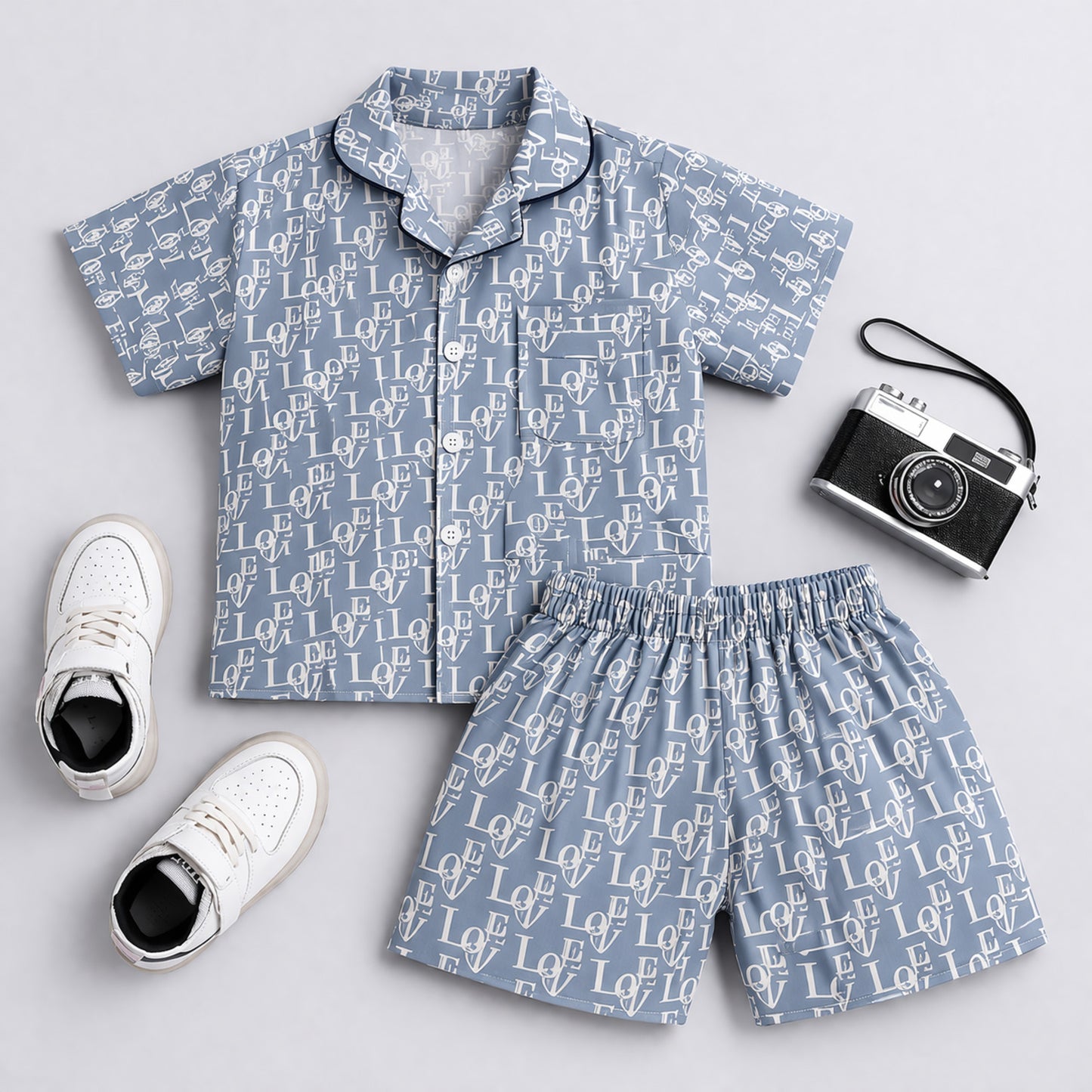 The Magic Wand Cotton Woven Half Sleeves All Over Love Typography Shirt And Shorts Nightsuit Set - Grey