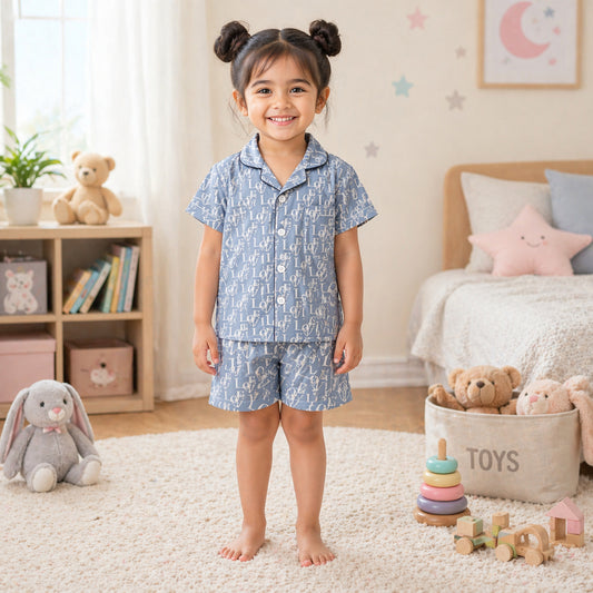 The Magic Wand Cotton Woven Half Sleeves All Over Love Typography Shirt And Shorts Nightsuit Set - Grey