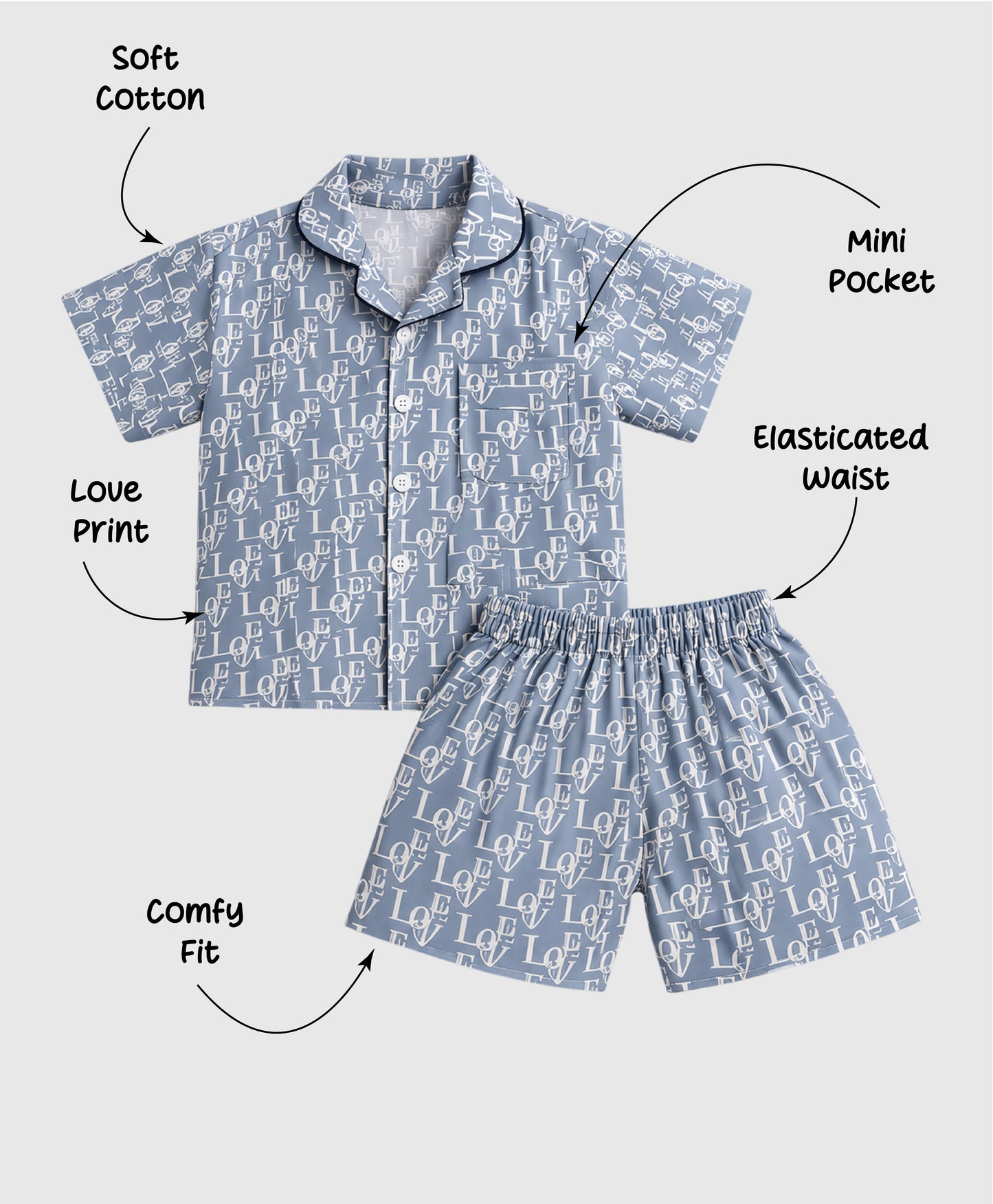 The Magic Wand Cotton Woven Half Sleeves All Over Love Typography Shirt And Shorts Nightsuit Set - Grey