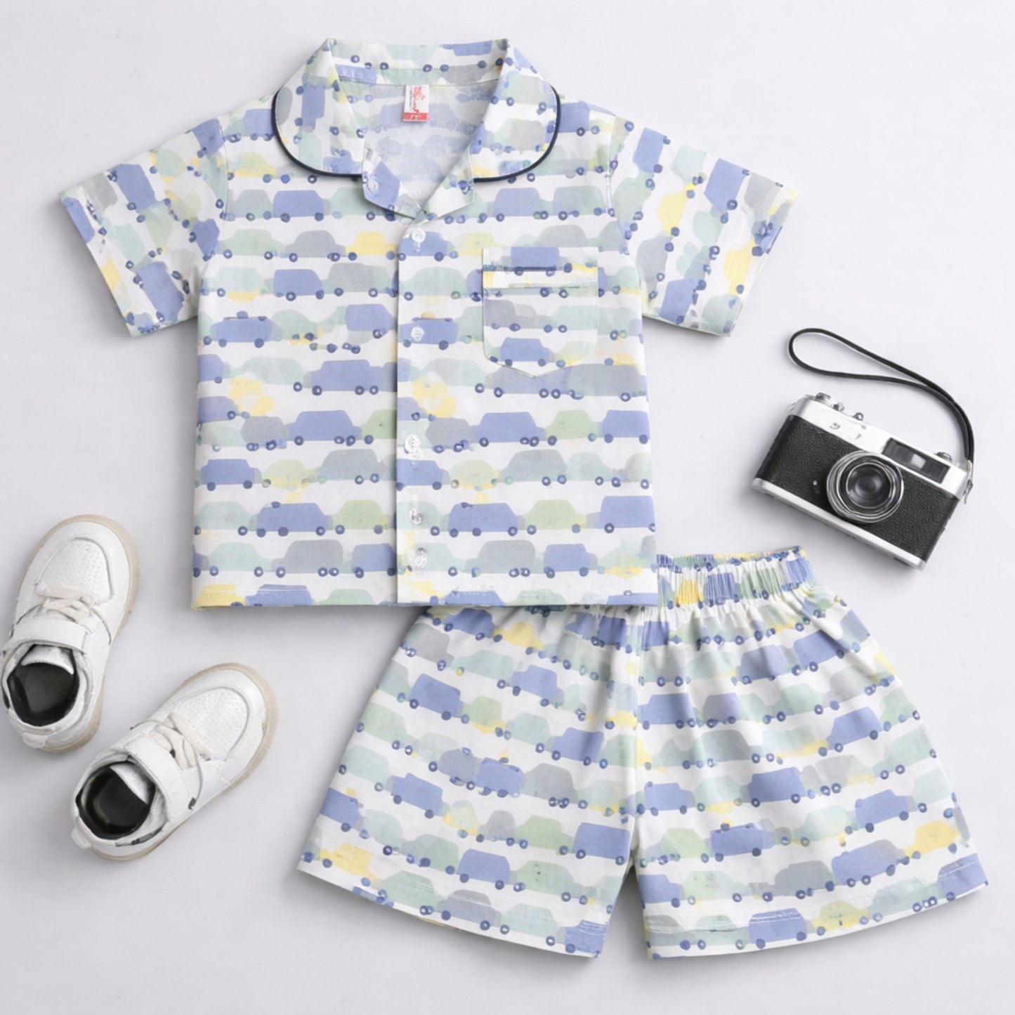 The Magic Wand Cotton Woven Half Sleeves Car Printed Shirt And Shorts Nightsuit Set - Blue