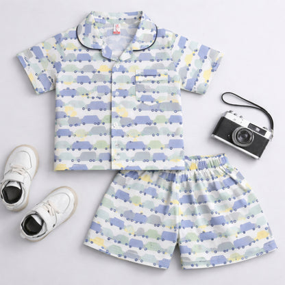 The Magic Wand Cotton Woven Half Sleeves Car Printed Shirt And Shorts Nightsuit Set - Blue