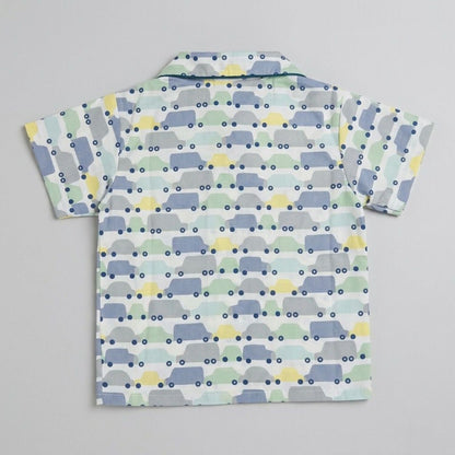 The Magic Wand Cotton Woven Half Sleeves Car Printed Shirt And Shorts Nightsuit Set - Blue