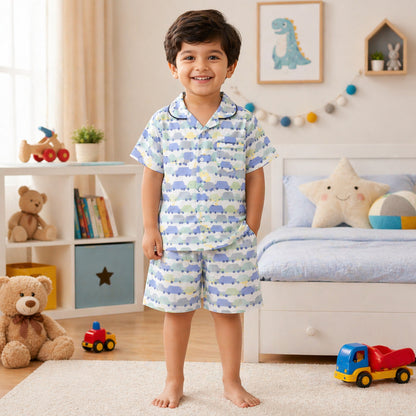 The Magic Wand Cotton Woven Half Sleeves Car Printed Shirt And Shorts Nightsuit Set - Blue