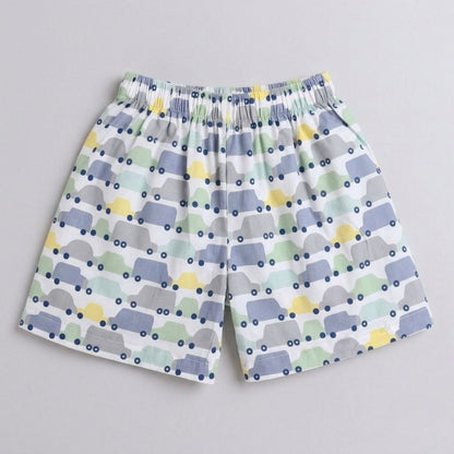The Magic Wand Cotton Woven Half Sleeves Car Printed Shirt And Shorts Nightsuit Set - Blue