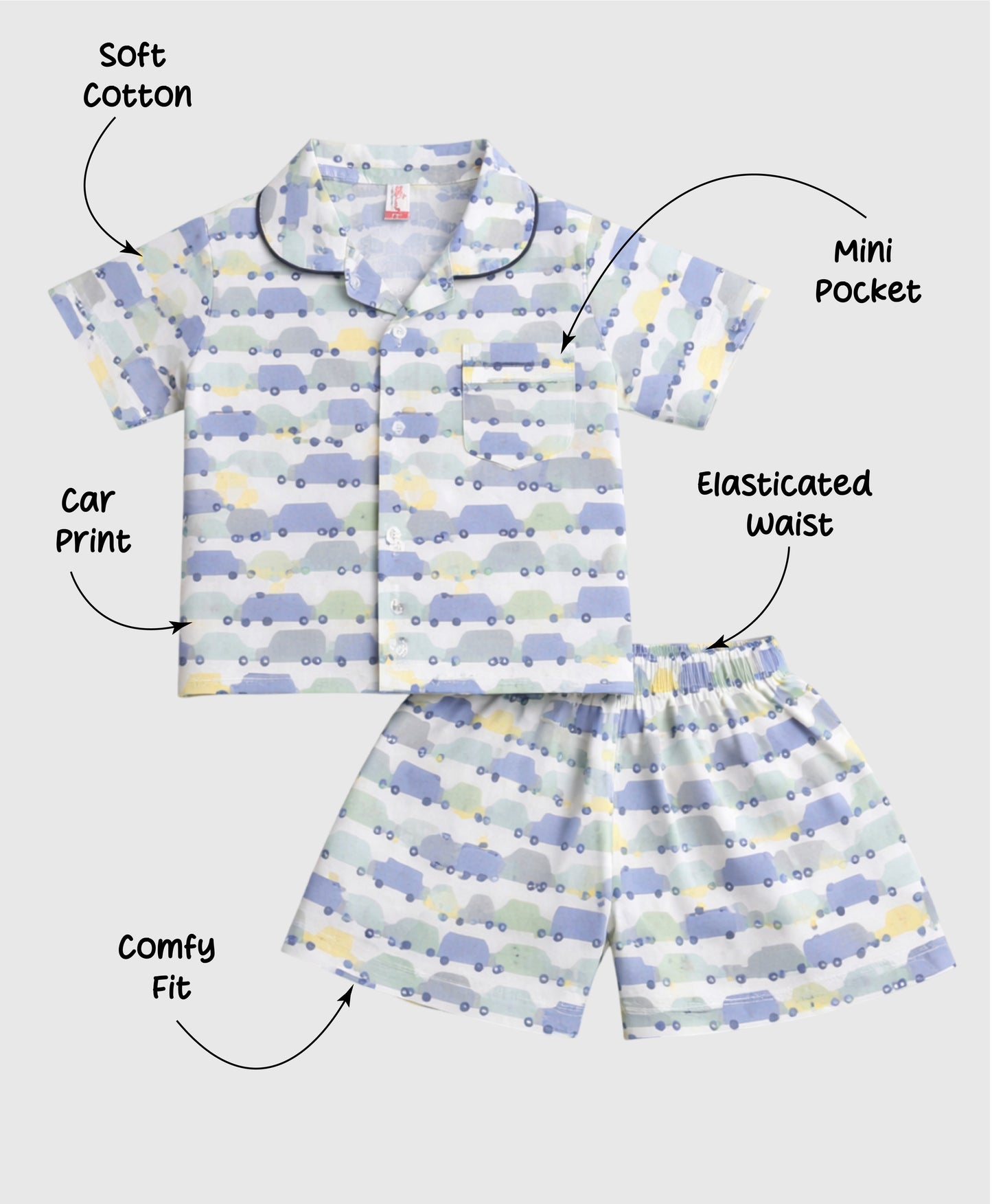 The Magic Wand Cotton Woven Half Sleeves Car Printed Shirt And Shorts Nightsuit Set - Blue