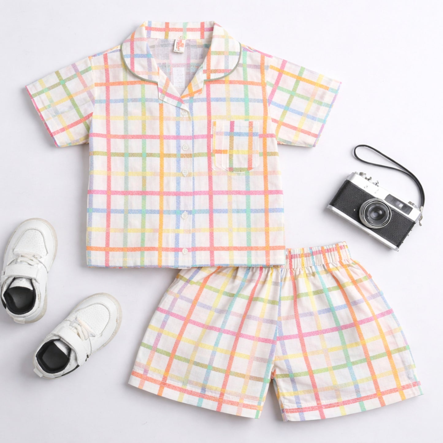 The Magic Wand Cotton Woven Half Sleeves Multicolour Checkered  Printed Shirt And Shorts Nightsuit Set - White
