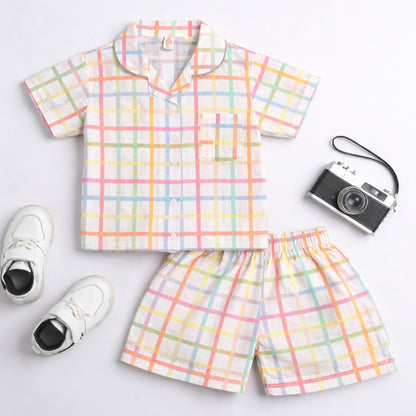 The Magic Wand Cotton Woven Half Sleeves Multicolour Checkered  Printed Shirt And Shorts Nightsuit Set - White