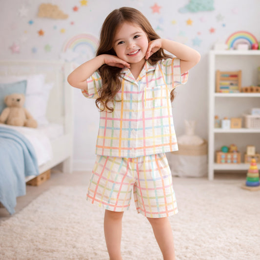 The Magic Wand Cotton Woven Half Sleeves Multicolour Checkered  Printed Shirt And Shorts Nightsuit Set - White