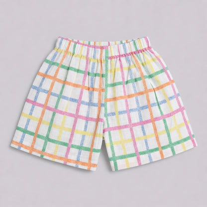 The Magic Wand Cotton Woven Half Sleeves Multicolour Checkered  Printed Shirt And Shorts Nightsuit Set - White