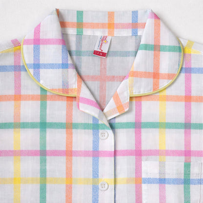 The Magic Wand Cotton Woven Half Sleeves Multicolour Checkered  Printed Shirt And Shorts Nightsuit Set - White