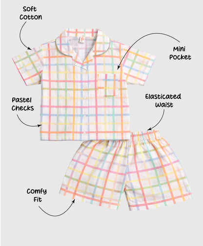 The Magic Wand Cotton Woven Half Sleeves Multicolour Checkered  Printed Shirt And Shorts Nightsuit Set - White