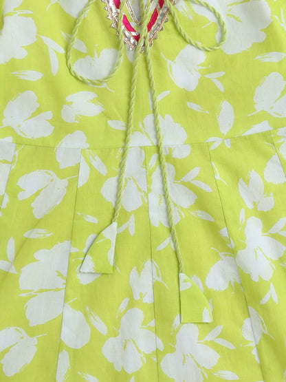 Half Sleeves Floral Kurta with Lace and Palazzo Set- Yellow