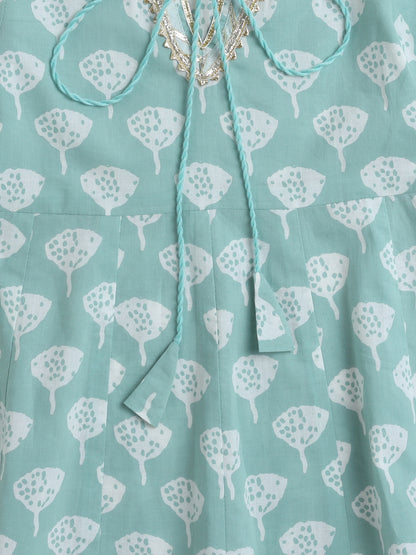Half Sleeves Floral Kurta with Lace and Palazzo Set- Green