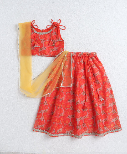 The Magic Wand Digital Printed Chanderi Shoulder Tie Up Choli and Lehenga Set- Orange
