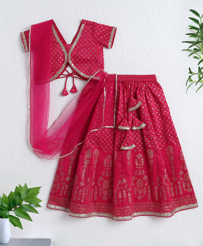 The Magic Wand Woven Half Sleeves Foil Printed Choli and Lehenga Set with Dupatta- Fuchisa
