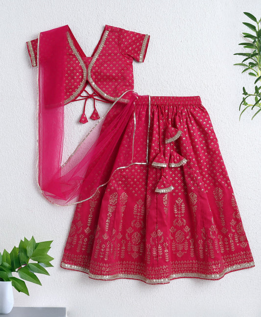 The Magic Wand Woven Half Sleeves Foil Printed Choli and Lehenga Set with Dupatta- Fuchisa