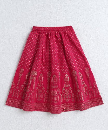 The Magic Wand Woven Half Sleeves Foil Printed Choli and Lehenga Set with Dupatta- Fuchisa