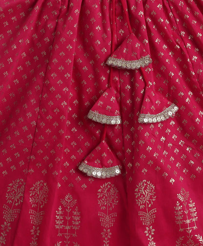 The Magic Wand Woven Half Sleeves Foil Printed Choli and Lehenga Set with Dupatta- Fuchisa