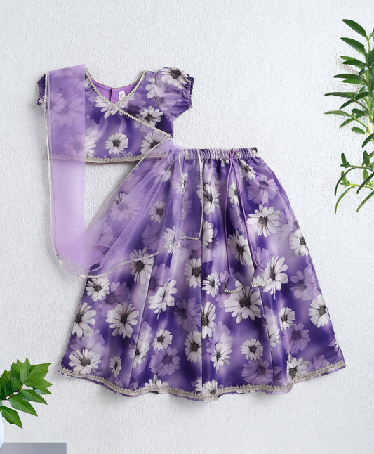 The Magic Wand Woven Puff Sleeves Digital Printed Choli and Lehenga Set with Dupatta- Lavender