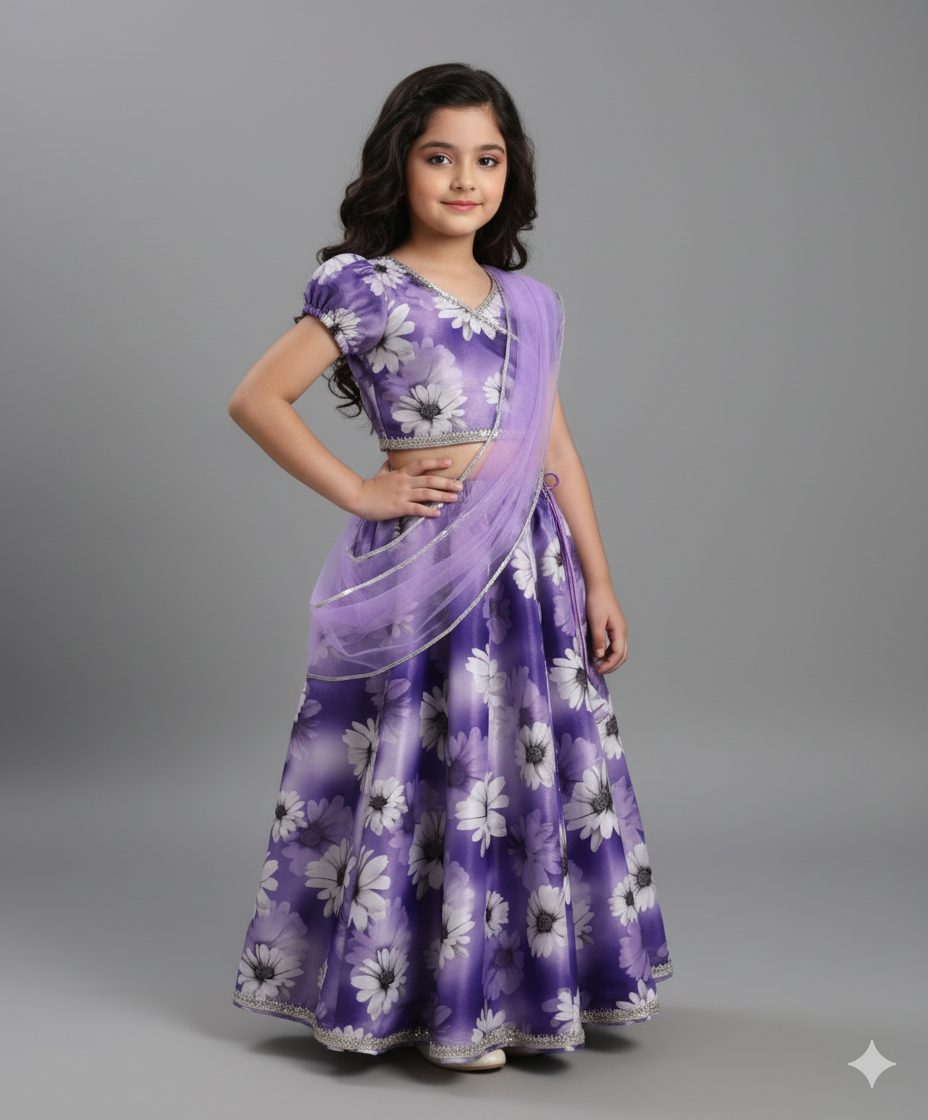 Digital Printed Woven Choli and Lehenga Set with Dupatta- Lavender