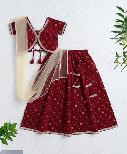 Woven Half Slevees Bandhani Printed Choli and Lehenga set with Dupatta- Maroon